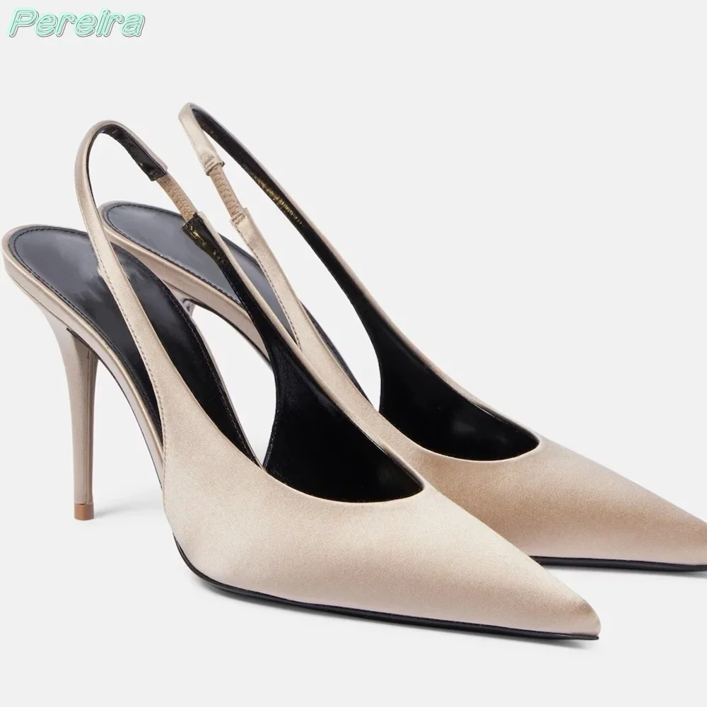 

Pereira Concise Pointed Toe Sandals Stiletto High Heels Buckle Strap Satin Beige Color Slingbakcs Thin Heels Autumn New Trend
