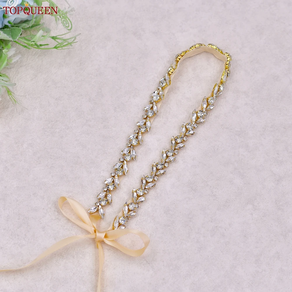 TOPQUEEN Affordable Gold Wedding Belt Long Diamond Bridal Thin Sash Handmade Bridesmaid Waist Chain Wedding Accessories S468