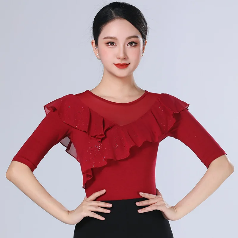 Camisa de baile moderna, nuevo Top de actuación de práctica de baile latino de salón estándar nacional