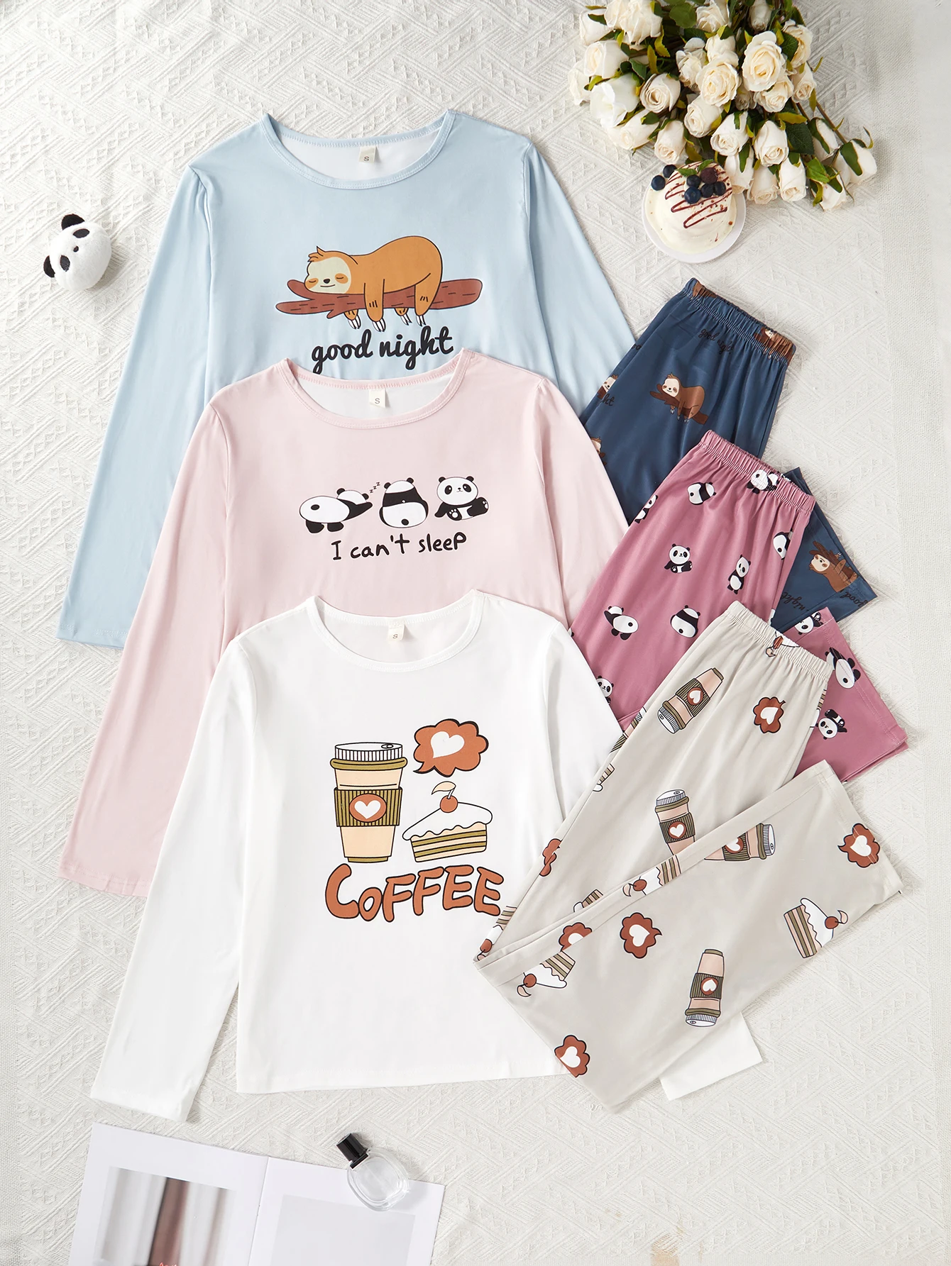 

A six-piece set of new autumn and winter styles for women, featuring soft and comfortable long-sleeved shirts and long pants, ca