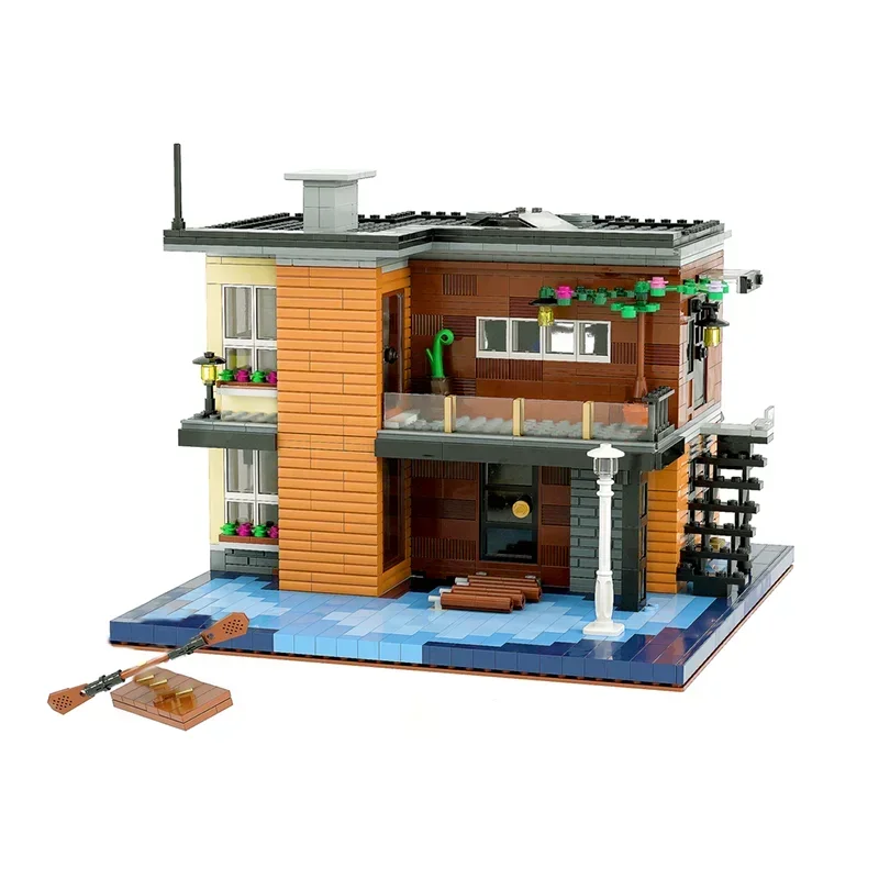 Blocs de construction Moc City Street View, maison au bord du lac, modèle technologique, briques, construction, ensemble de vacances, cadeaux, jouets d'assemblage à monter soi-même