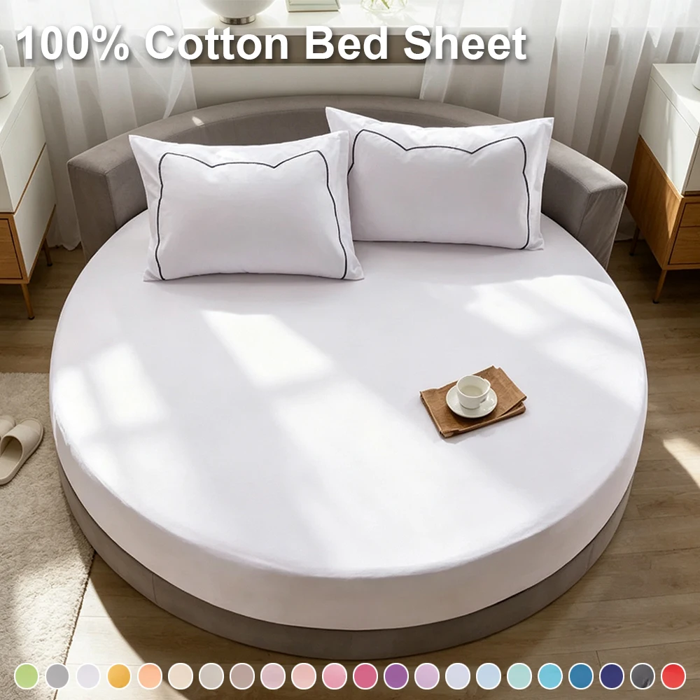 1/3PCS Soft Skin Friendly Fitted Sheet 100% Cotton Bed Sheet Solid Pattern Bed Cover Round Mattress Cover Elastic Band Bedspread