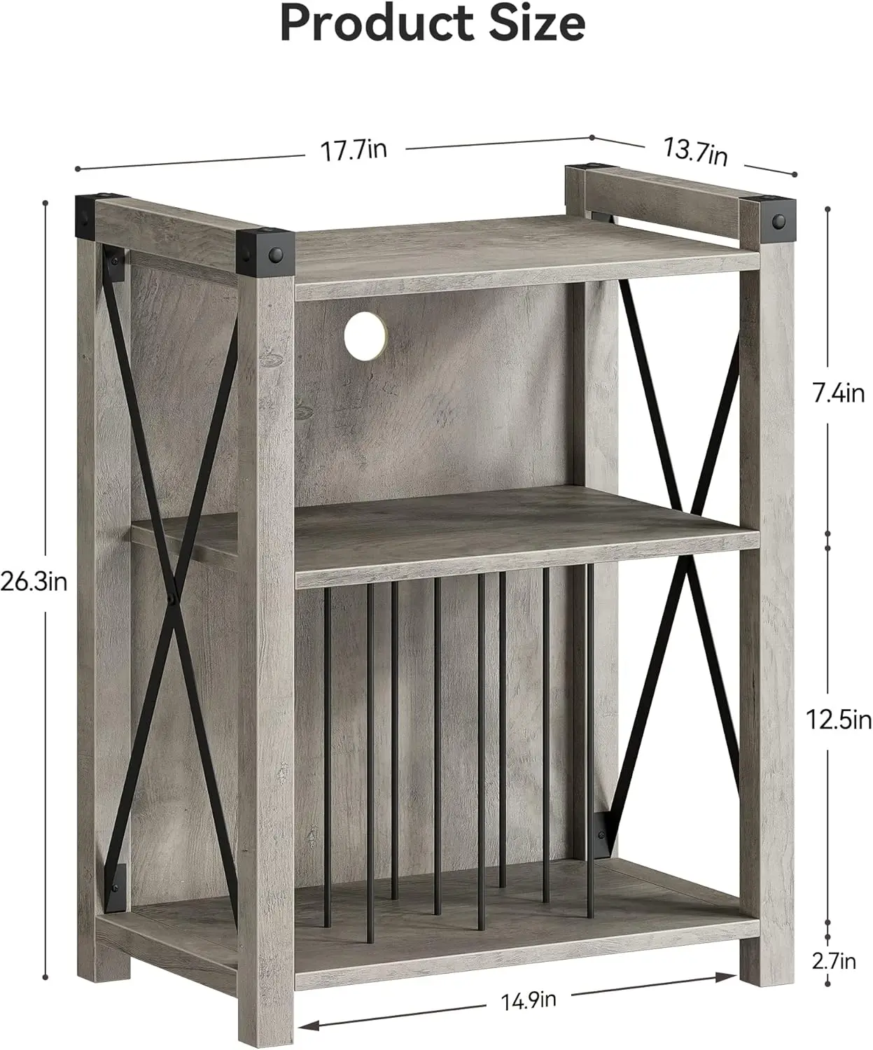 Record Player Stand with Storage, Farmhouse Wooden Turntable Stand with X Metal Frame, 3-Tier Rustic Record Player Side Table