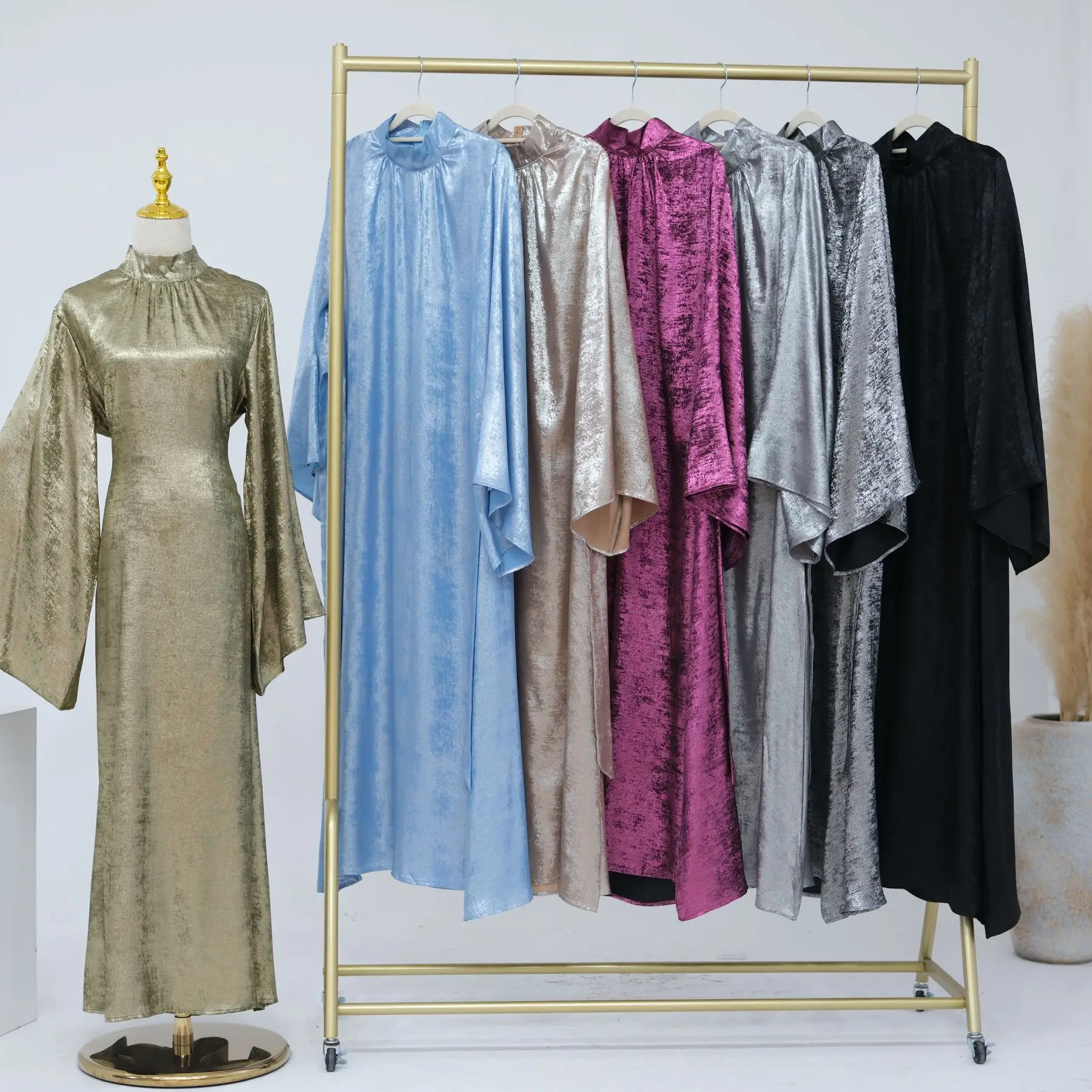 Chic New Islamic Modest Shinny Fabric Abaya Womens Belted Dresses Party Wear Evening Kaftan Caftan Dress Prayer Robes Muslim