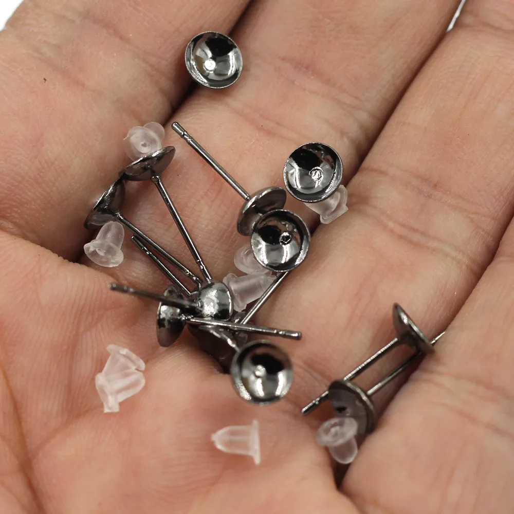 1500Sets Gunmetal Bowl Shape Earring Posts With Stoppers Jewelry Making 13x6mm