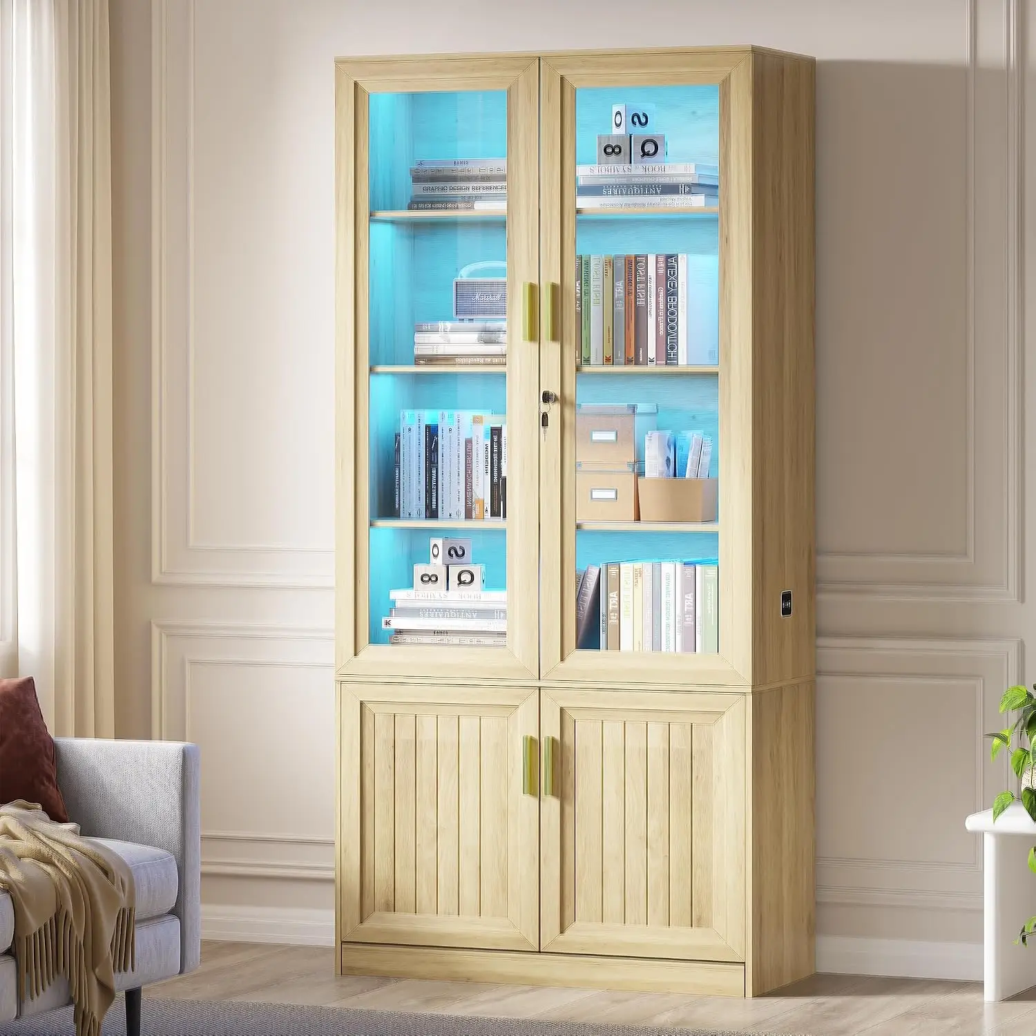 LED Bookshelf with Glass Doors & Adjustable Shelves 71" Tall Display Cabinet Storage, Customized - view 3