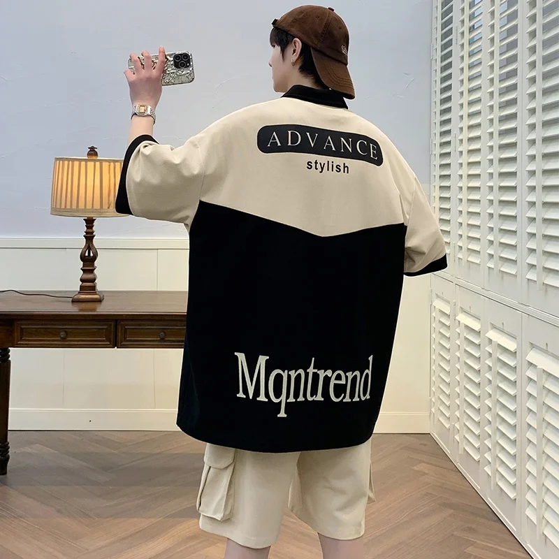 

Свободный спортивный костюм для мужчин: летняя молодежная футболка с коротким рукавом, модная футболка с отложным воротником, смесовая ткань из хлопка