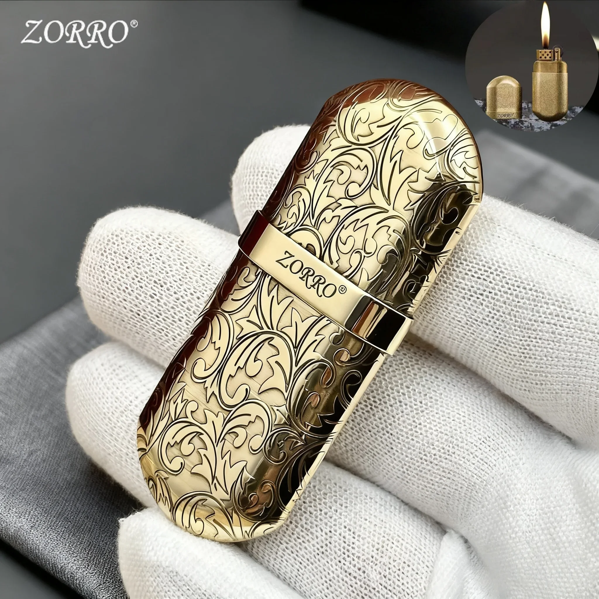 

ZORRO латунь ручной работы резьба мини ультратонкая ветрозащитная керосиновая зажигалка шлифовальный круг металлическая уличная водонепроницаемая портативная зажигалка