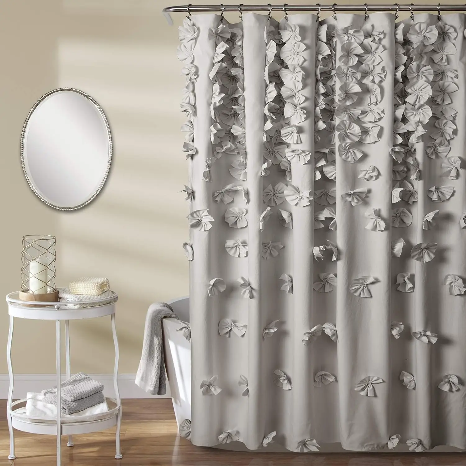 

Light Gray Fabric Shower Curtain, 72x72 Inches, Coquette Decor with Bow Design for Cottage Core Bathroom