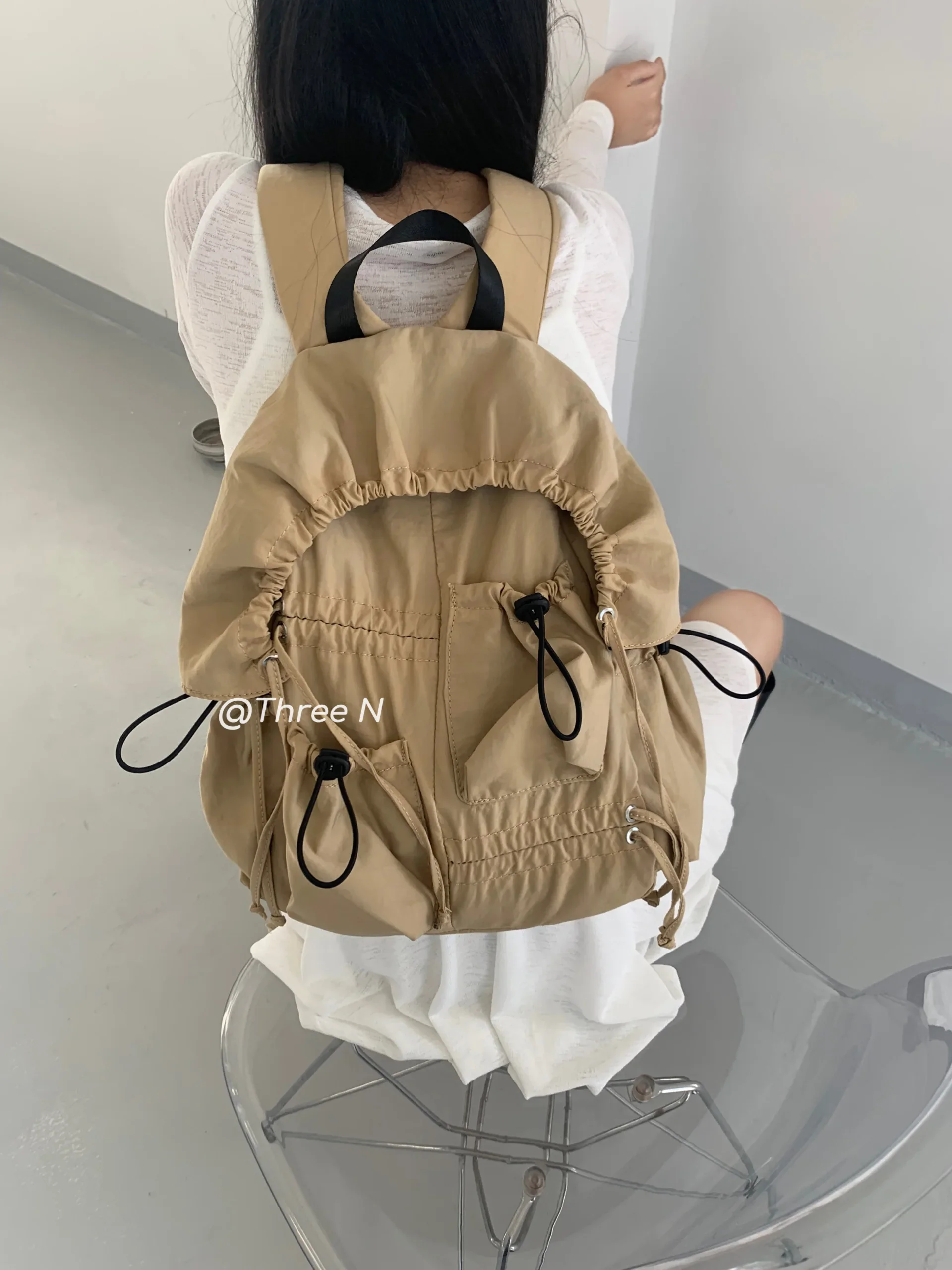 Vintage Cover Drawstring Nylon Women Backpack Causal Solid Color Camping Travel Commuter Unisex Backpack Preppy Style School Bag