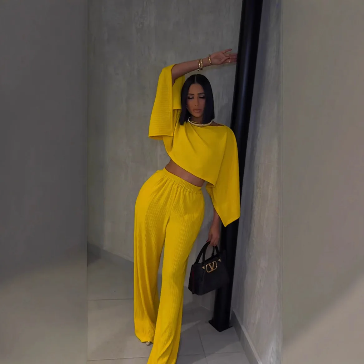 Conjuntos De Mujer 2 Piezas Elegante Round Neck Solid Color Oversized Short Top Wide Leg Trousers Suit Women's Pantolon Setleri