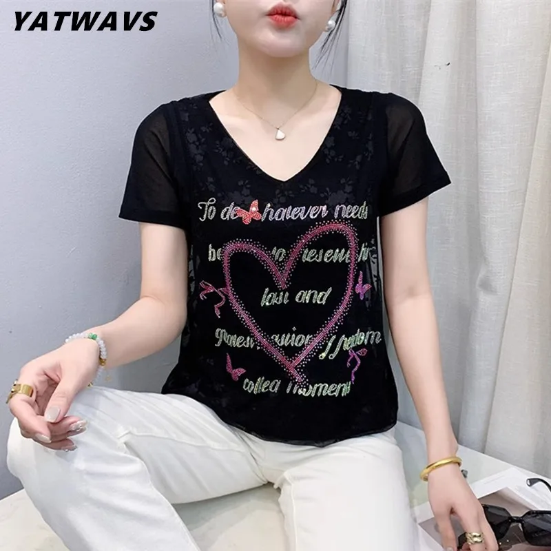 

2025 Summer New Short Sleeve Sexy Lace T-shirt Shirt Women Casual V-Neck Letter Hot Diamonds Tees Ladies Elegant Pullover Tops