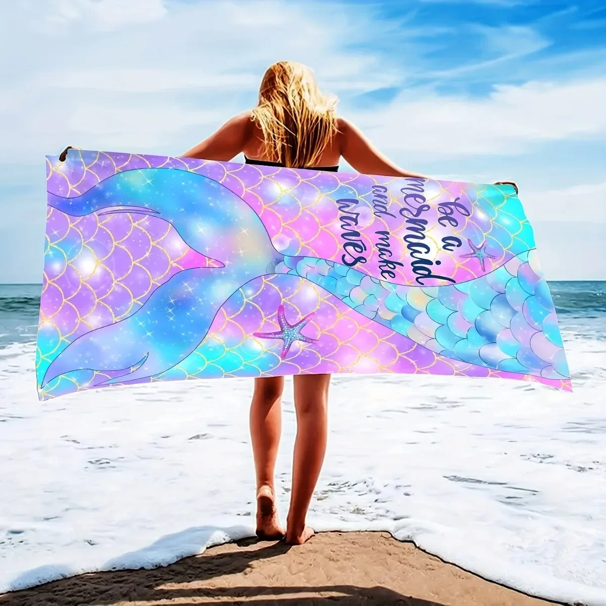 Summer No Sand Free Mermaid Beach Towel Microfiber Surf Poncho Bath Summer Swimming Fitness Yoga Swimming Sunscreen Bath Towels