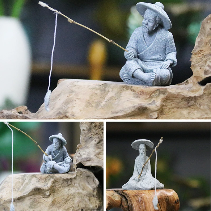 

Fish Tank Garden Sitting Fishing Sandstone Vintage Ornament Aquarium Mini Fisherman Statue Asian Zen Decoration Home Decor