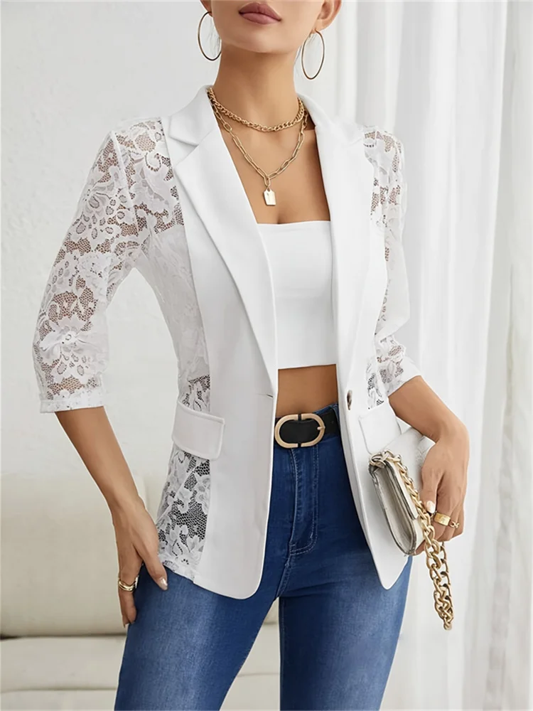 2025 แฟชั่นฤดูใบไม้ผลิฤดูร้อนลูกไม้เย็บเสื้อสูทขนาดเล็กผู้หญิง Casual Blazer Elegant Coat Streetwear Tops Lady Slim Blazers