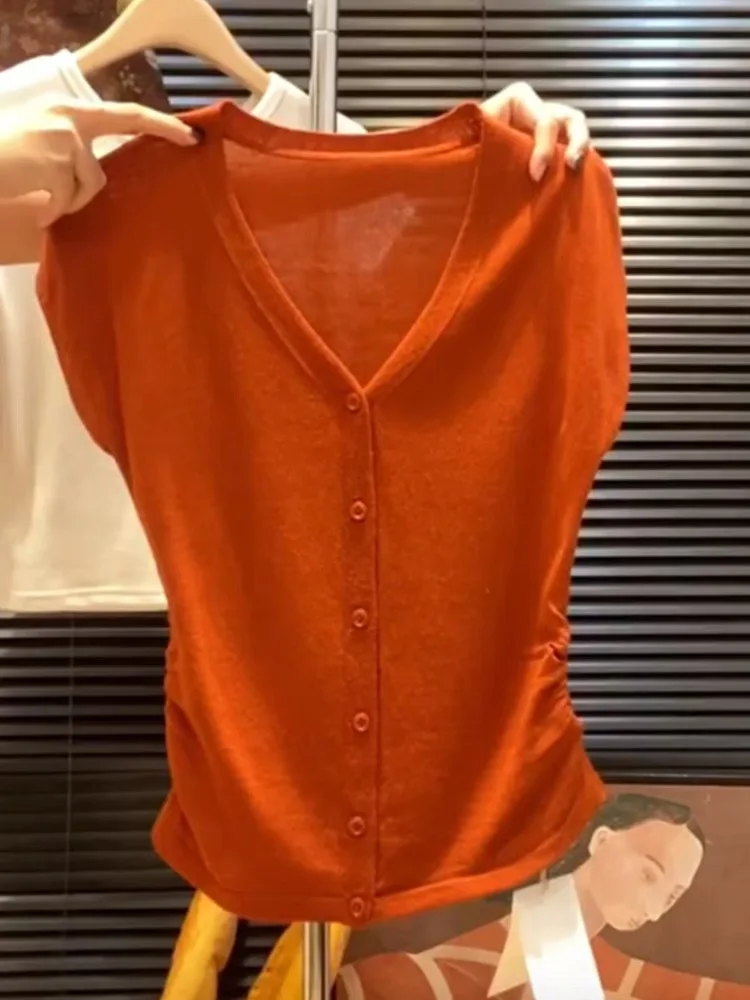 

Футболка Orange ature Sve V-Ne ort Sve, женская летняя футболка с застежкой на талии, утягивающий плиссированный вязаный топ, корейский Sle S...