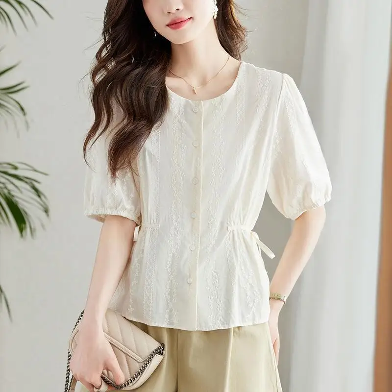 Frans temperament kanten shirt voor dames Zomer nieuwe ronde hals top met korte mouwen voor dames