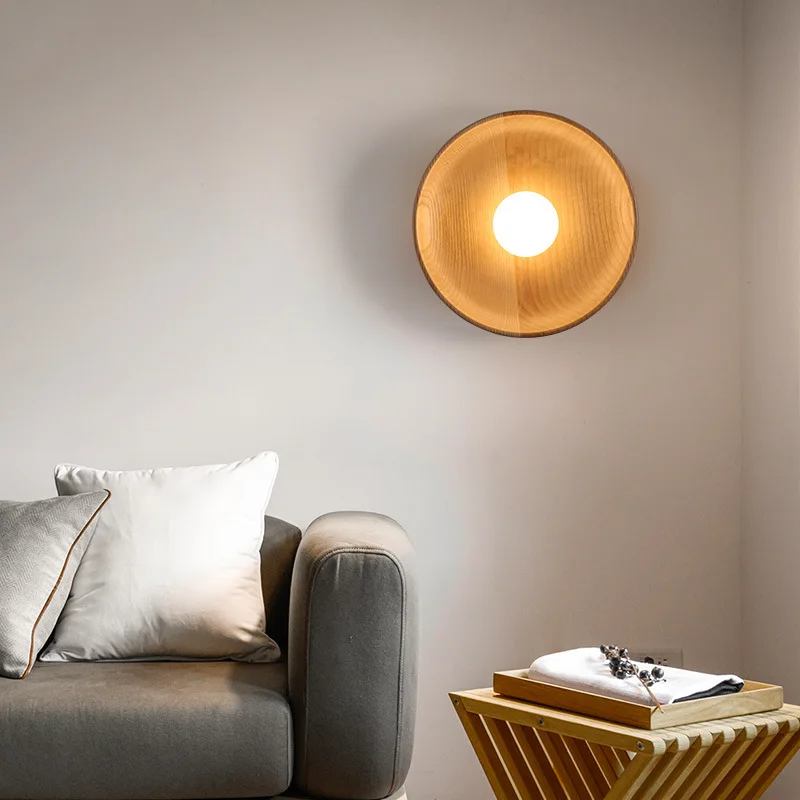 Nordic Modern Wall Lamps Nature Solid Wood Body Round Plate wall Lights LED Bedroom Corridor Simple Home Decor Design Sconce