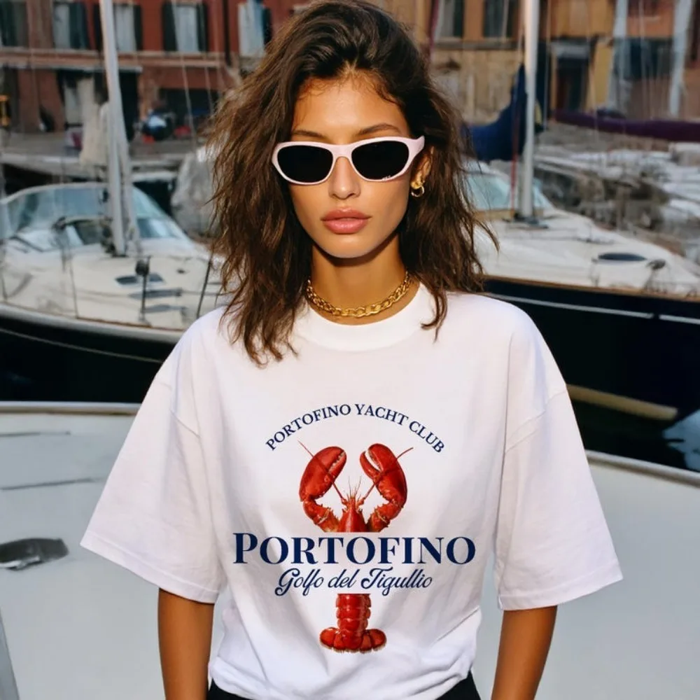Portofino Yacht Club Lobster Tee Shrimp Print Pattern Seafood Lovers' Summer Beach Vacation Women Clothes Printed Tees