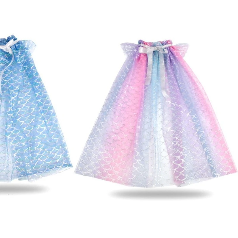 Kids' Halloween Printed Tulle Cape, Shimmer Drawstring Cloak with Fish Scale Pattern for Birthday Parties & Holiday Celebrations - view 4