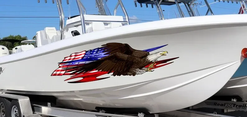 USA flag Boat Wrap Ripped Metal, 3D Bald Eagle Watercraft Graphic, Full Color Speed Boat Vinyl Design, US eagle Yacht Wrap Stick