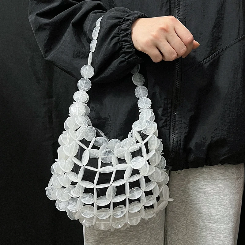 Korean-style bead woven mesh tote bag, casual versatile trendy hollowed-out bag, soft French handbag