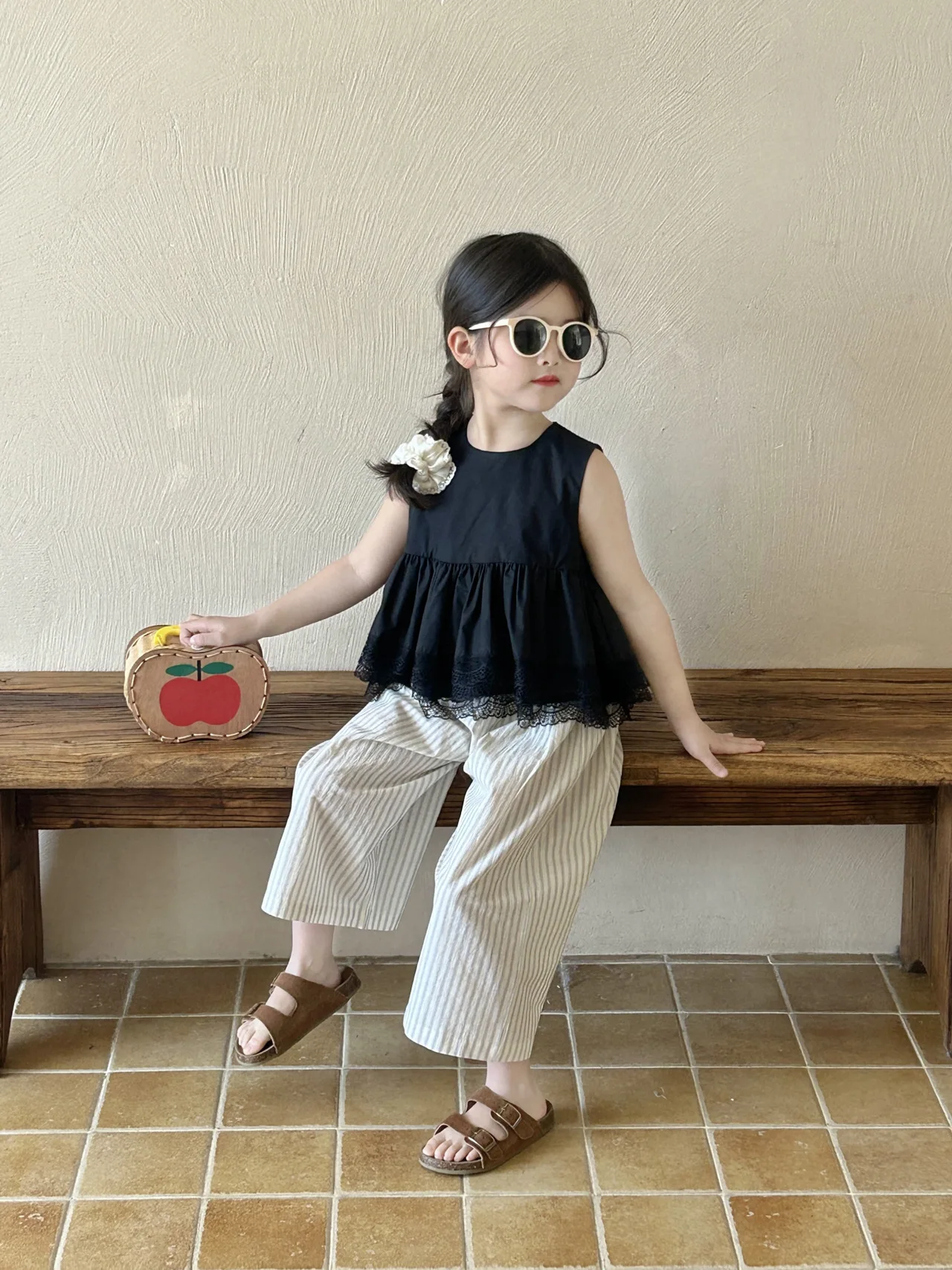 Summer Baby Girls Cotton Stylish Crop Plain Lace Shirt Top+Striped Pant Set Kids 2PCS Tracksuit Children Vacation Outfit 987 2