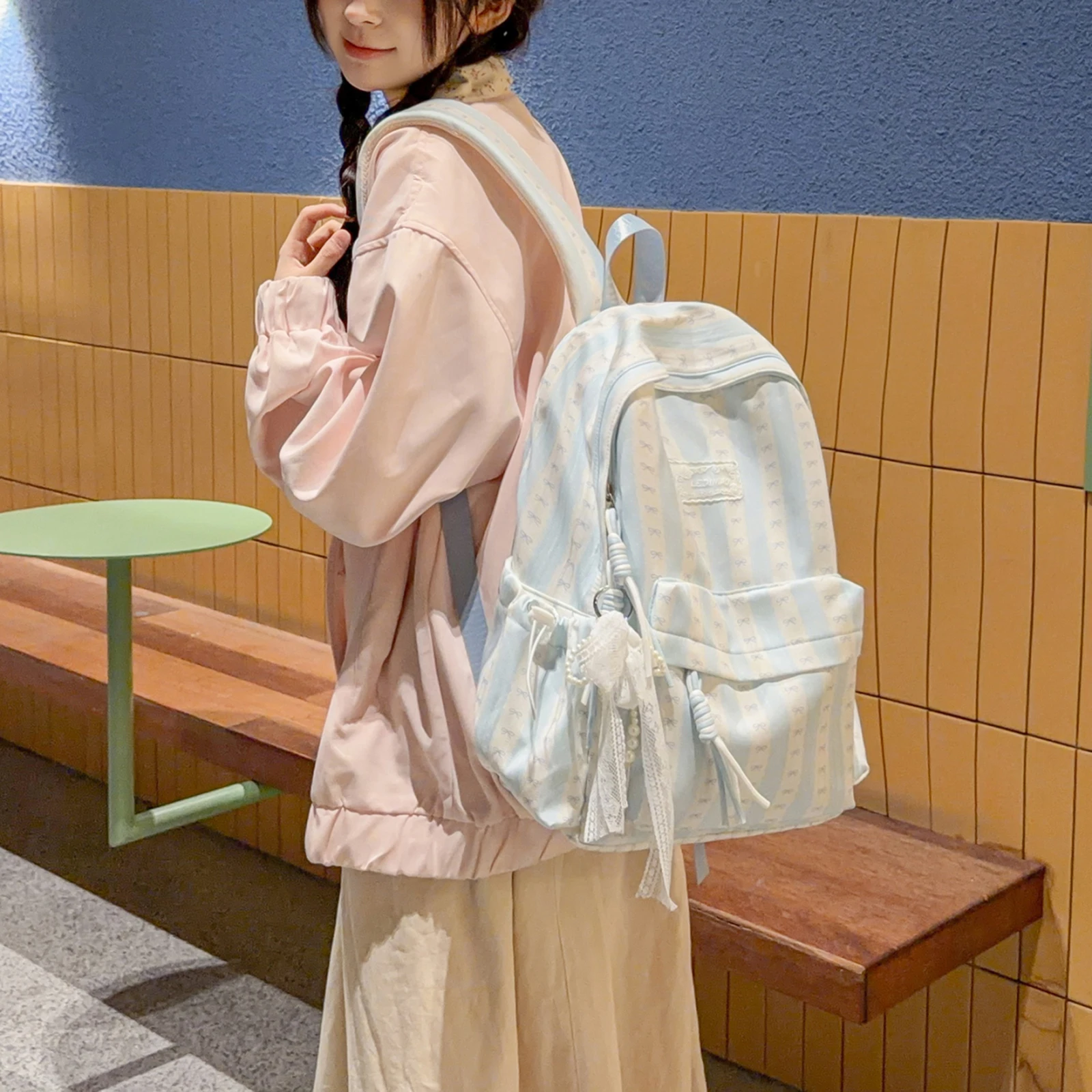 Nylon Bow Printed Laptop Backpack Multi-pocket Aesthetic Daypack Bow Rucksack with Computer Compartment for Teens Women
