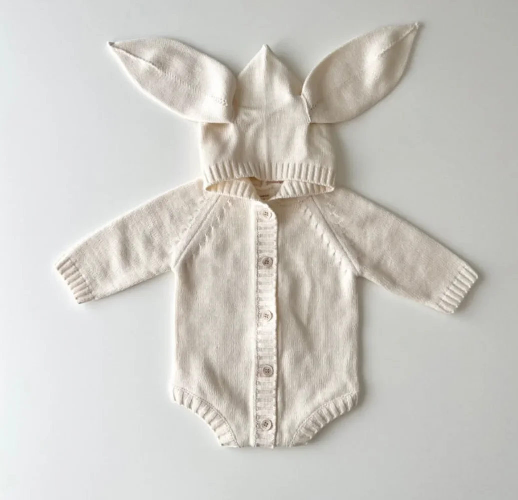 Knitted Baby Clothes Newborn Bunny Ear Hooded Baby Girl Boy Romper Clothes Cotton Toddler Sweater Romper Boy Jumpsuit Playsuit