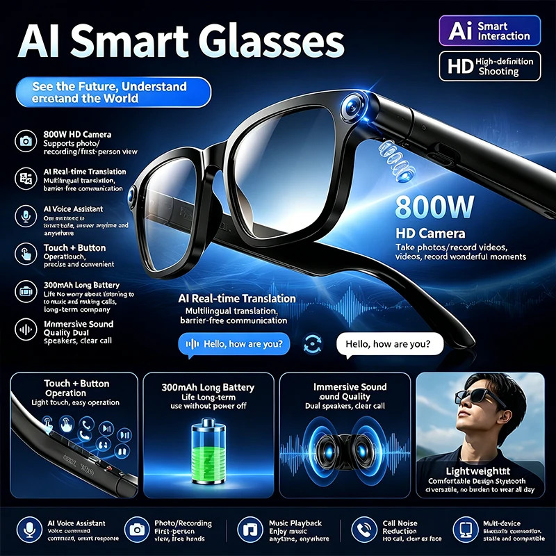 2026 New Smart Glasses M08 AI Voice Assistant Photo and Video AI Translation 800W HD Camera Type-C Fast Charging Smart Glasses