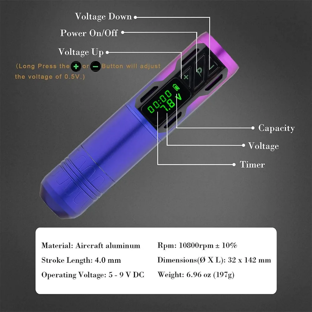 Wireless Tattoo Pen Machine Disposable Tattoo Grips 3.5-4.0mm Stroke Portable Power Pack 1800mAh Tattoo Kits