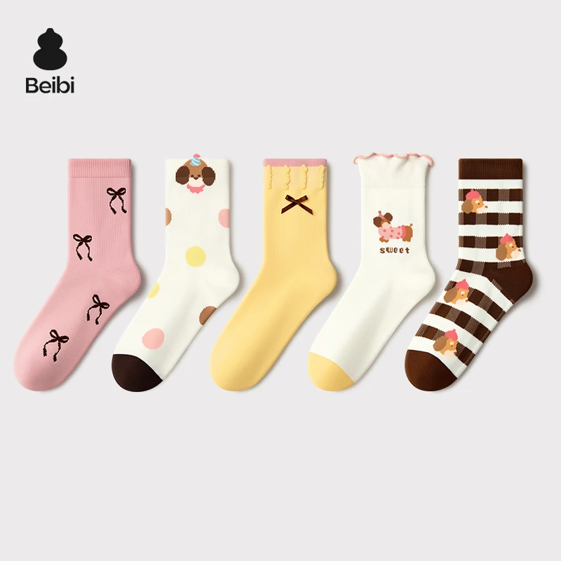 

Beibi 5-Pair Pack Kids' Mid-Calf Socks Unisex Adorable Cartoon Design Suitable for Spring, Fall, and Winter For Ages 4-13 and Up