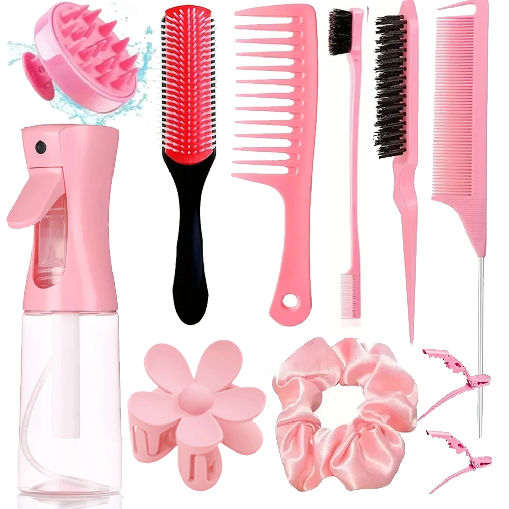 مجموعة فرش مشط الشعر مكونة من 11 قطعة، زجاجة رذاذ دقيقة للضباب، فرش شعر لامعة للظهر، مدلك فروة الرأس الناعم، حلقة شعر، مشبك شعر بتلات #1