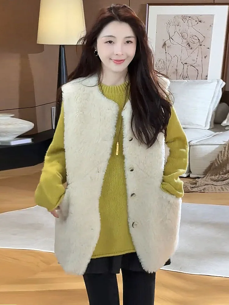 

Жилет из меха ягненка, модный простой дизайн, теплая верхняя одежда, женская круглая куртка Ne с застежкой на одной пуговице
