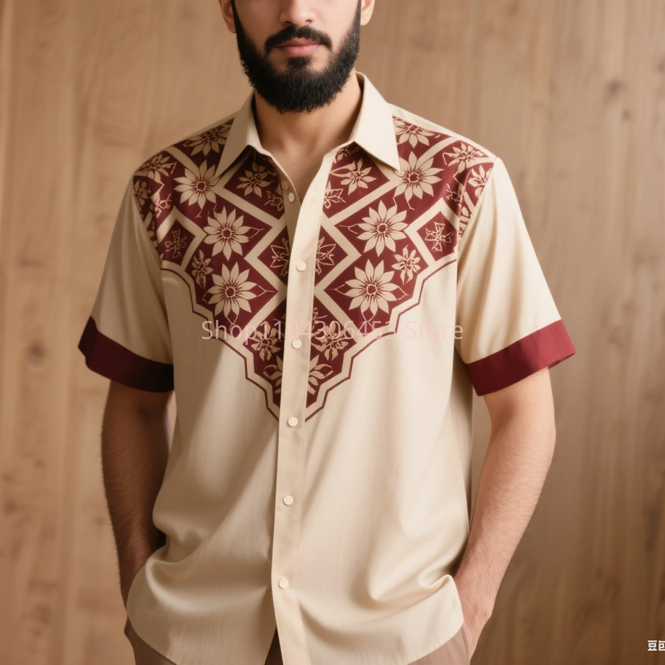 Men's Simple Retro Fashion Ethnic Style 3D Printed Short-sleeved Lapel Shirt Thin Breathable Light Color Business Casual Party