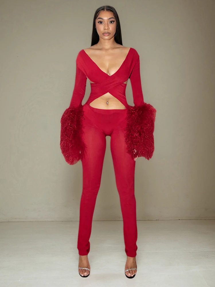 Kombinezon Nibber Furry Patchwork Damski, seksowny, z wycięciami, krzyżowany, z głębokim dekoltem, długie rękawy, dopasowany, podkreślający biodra, na imprezę w klubie nocnym.