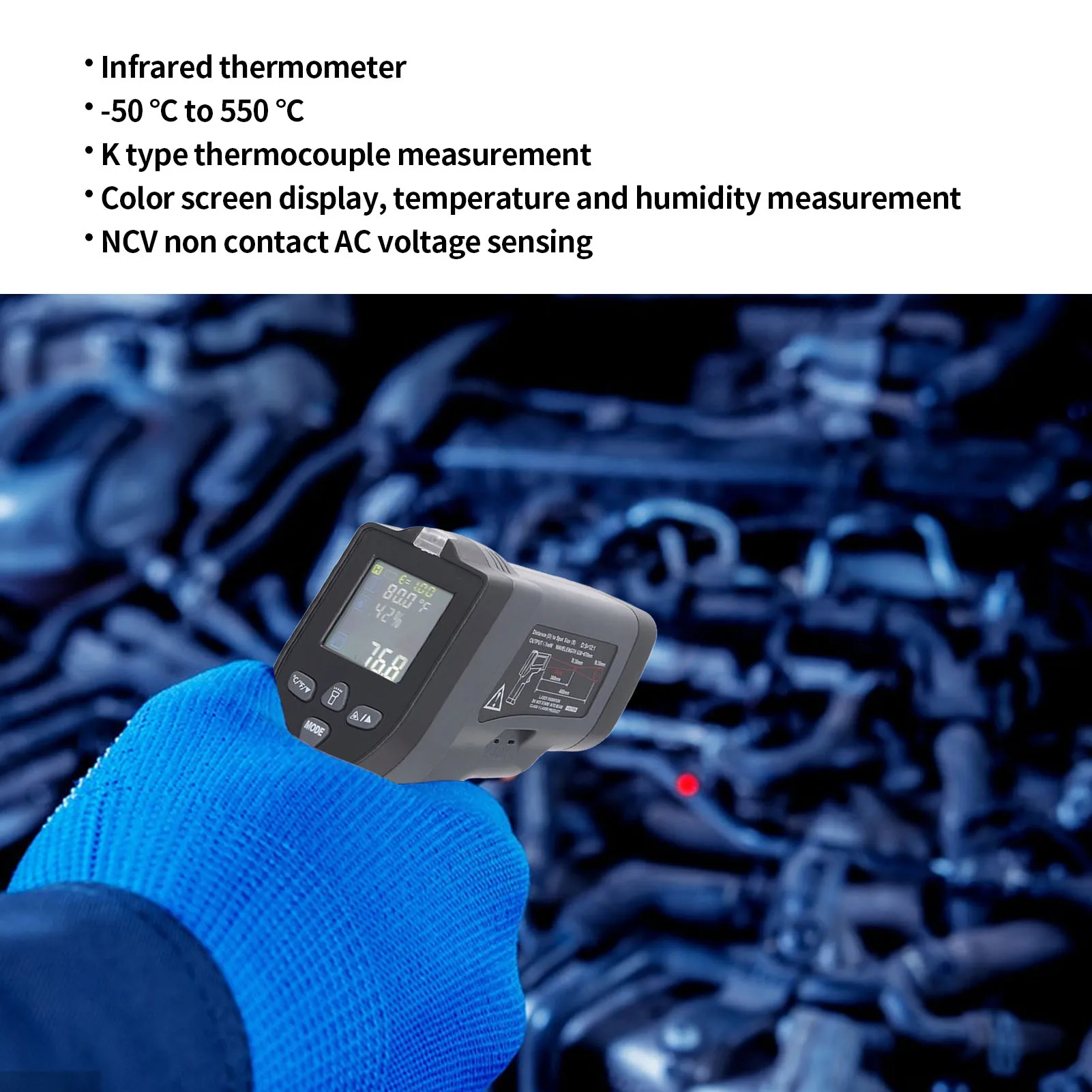 Digital Thermometer Digital Thermometer Backlit LCD Display Power Indicator K Type Thermocouple NCV Function Temperature Meter