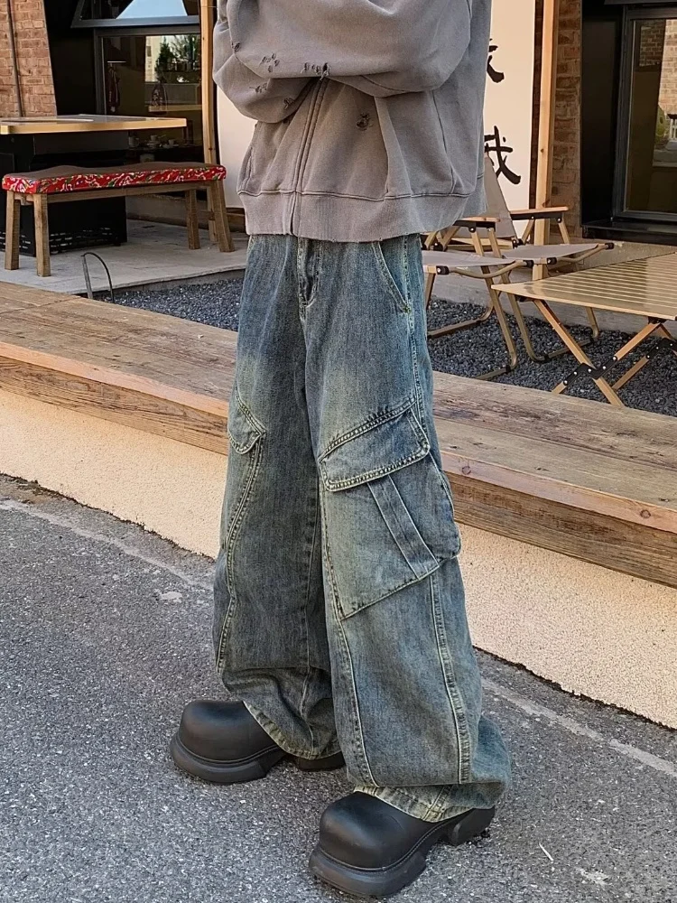2025 Trashy Y2K Streetwear Vintage Blau Baggy Cargo Jeans Hosen Für Männer Kleidung Gerade Distressed Lose Casual Denim Hosen – Detail 4