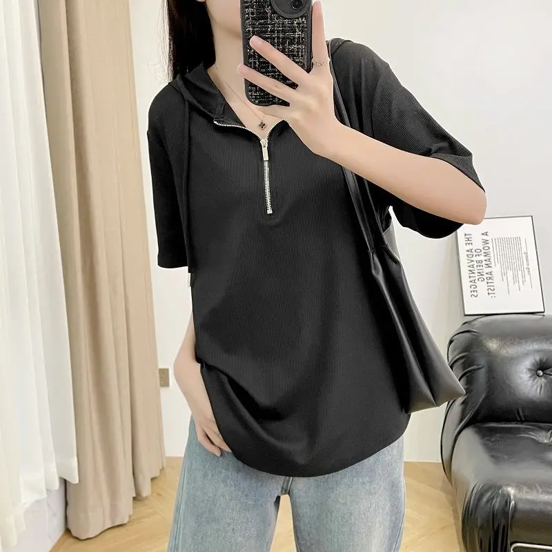 Fashion Loose Zipper Solid Color Lace Up Hooded T-Shirts Female Clothing 2024 Summer New Oversized Casual Tops Korean Tee Shirt