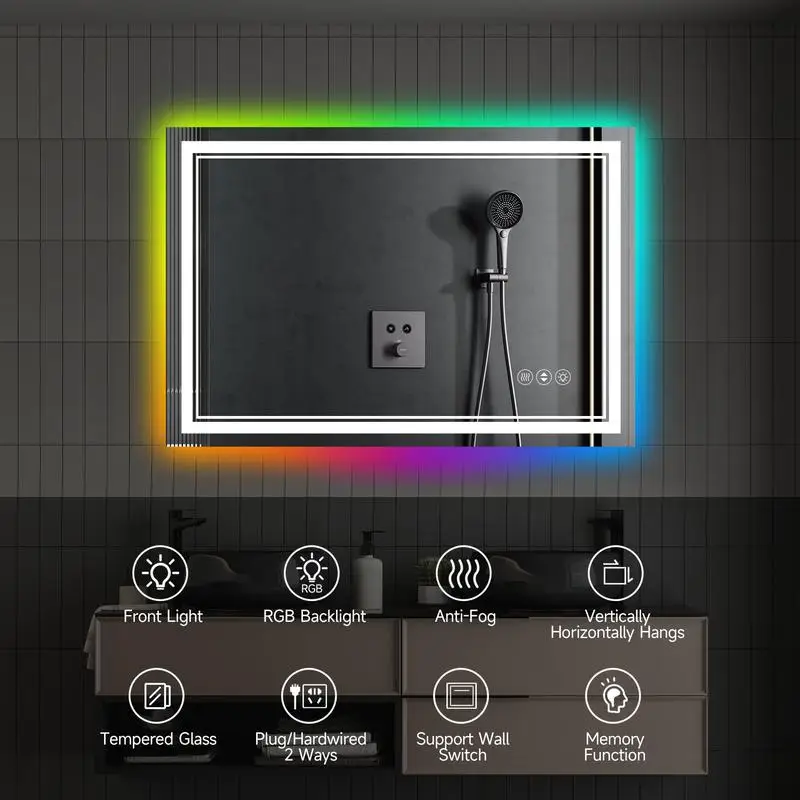 مرآة حمام ذكية LED بدون إطار مقاس 55 × 36 بوصة مع إضاءة خلفية RGB #5