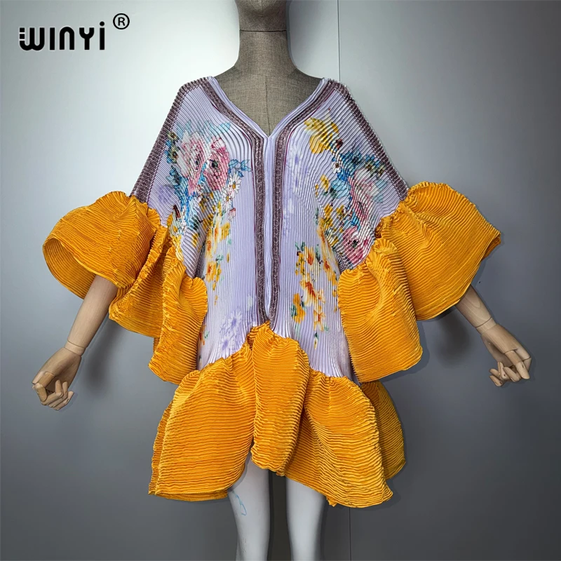 WINYI Women's Pleated Elastic Short Dress Elegant Beach Cover up Kaftan Abaya for Dubai Luxury Evening Wear Muslim Fashion