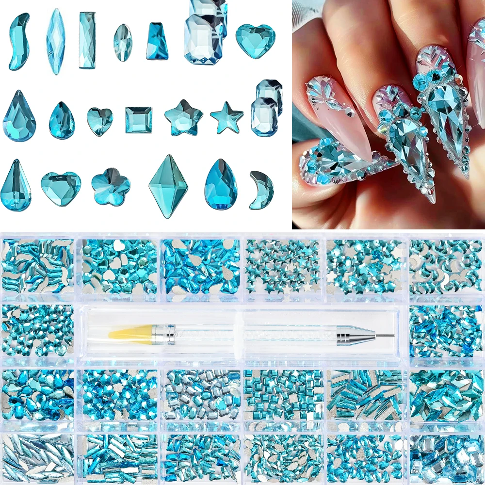 

1Box Diamond Nail Decoration Accessories 1000pcs Rhinestone 20 Different Shapes with Picker Pen for Nail Enhancement (Lake Blue)