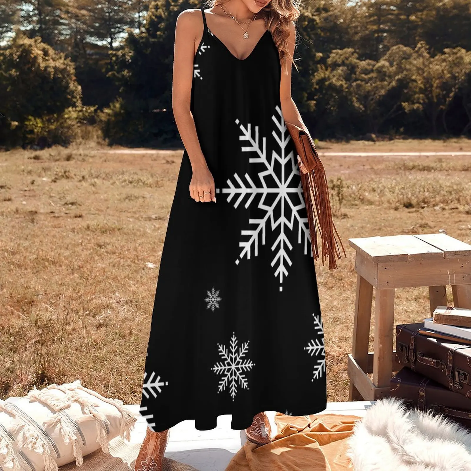 Snowflakes. Black Christmas Sleeveless Long Dress Long dress woman cocktail dresses women party dresses Dress