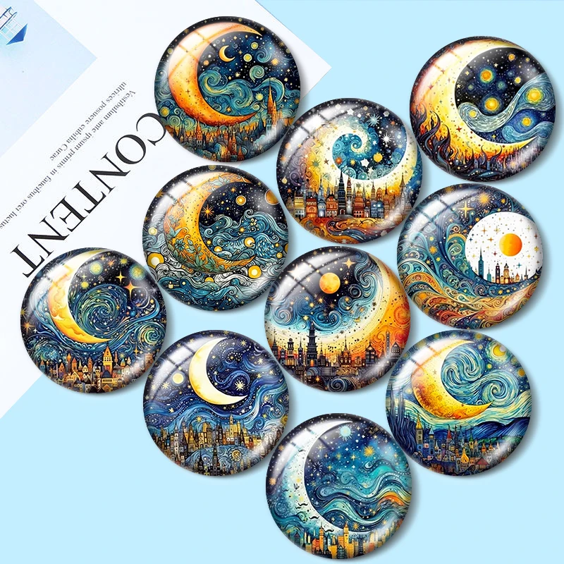 Starry Night Moon Clip Art  10pcs 12mm/16mm/18mm/25mm Round Photo Glass Cabochon Demo Flat Back Making findings