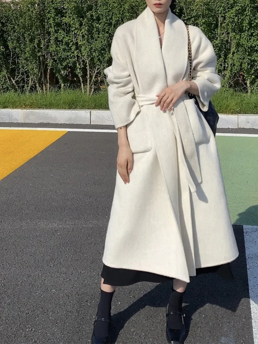 RosEvans Winter Coat Double-sided Cashmere Coat for Women Korean Version Loose Hepburn Style Hemline Woolen Coat Women 2023 New