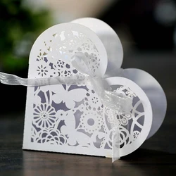 50Pcs Laser Cut Love Heart Candy Gift Box Lace Butterfly Wedding Favor Gift Packaging Box With Ribbon Birthday Party Decoration