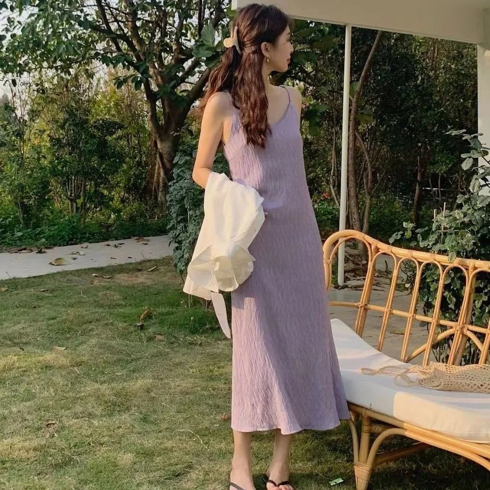 plus Size 300 Pounds Korean Style Pleated Strap Dress Women Summer Loose Belly Covering  Color Long Dress Casual A-Line