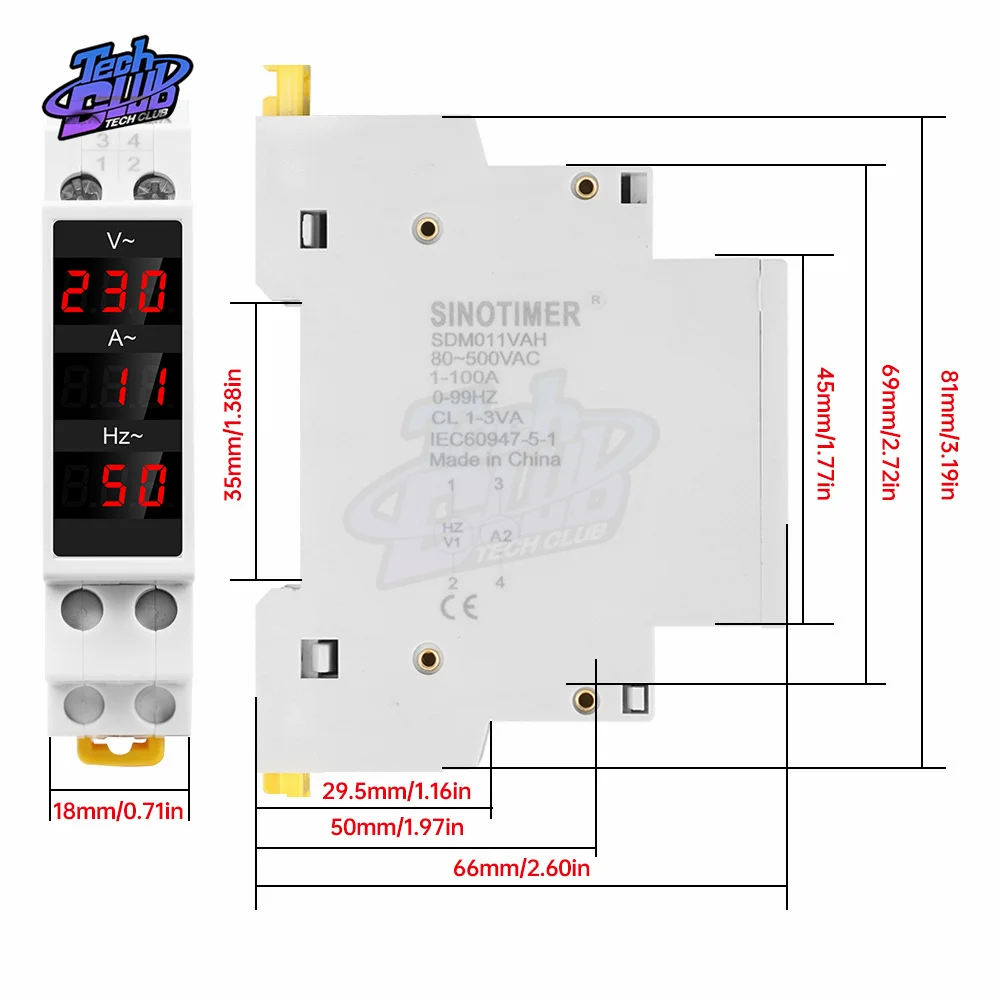 Mini Din Rail Digital Display Three-Phase Ammeter Single-Phase Voltag Current Herz Meter Volt Amp for Electrician Tool