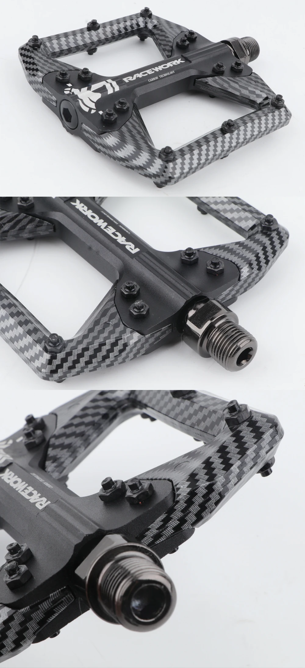 RACEWORK Bicycle Pedals 3 Bearings Mountain Road Bike Carbon Fiber Coating Ultralight Flat Pedal MTB Aluminum Alloy Nylon Pedal