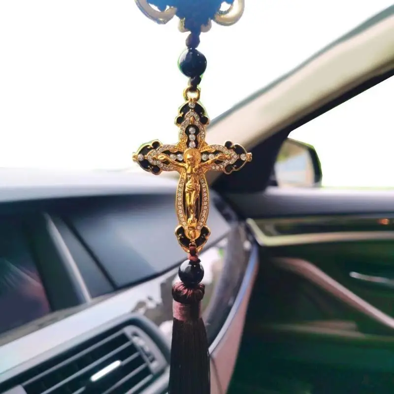 G7NA SUV Car Hanging Ornament Rearview Mirror Pendant Metal Diamond Jesus Decor